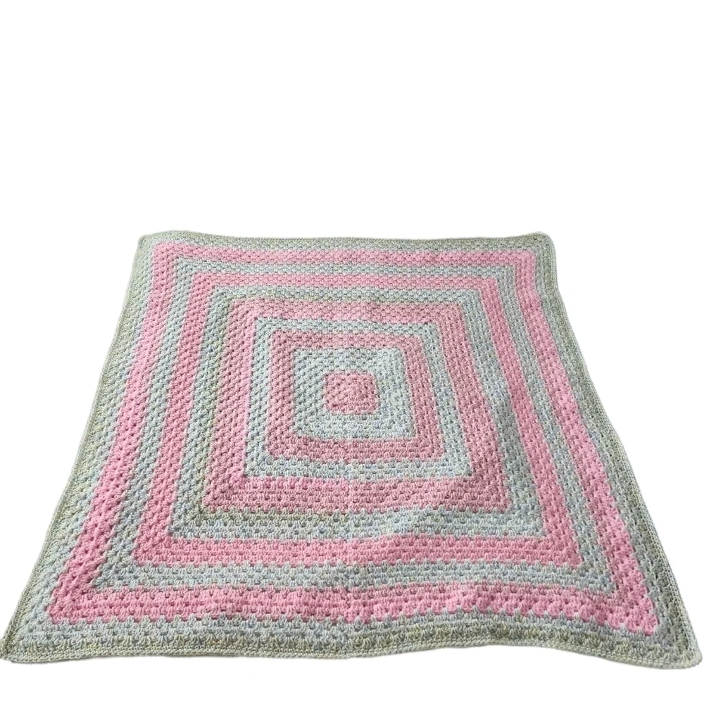 Crochet Handmade Pink & Green Granny Square Baby Blanket 35 x 35 New